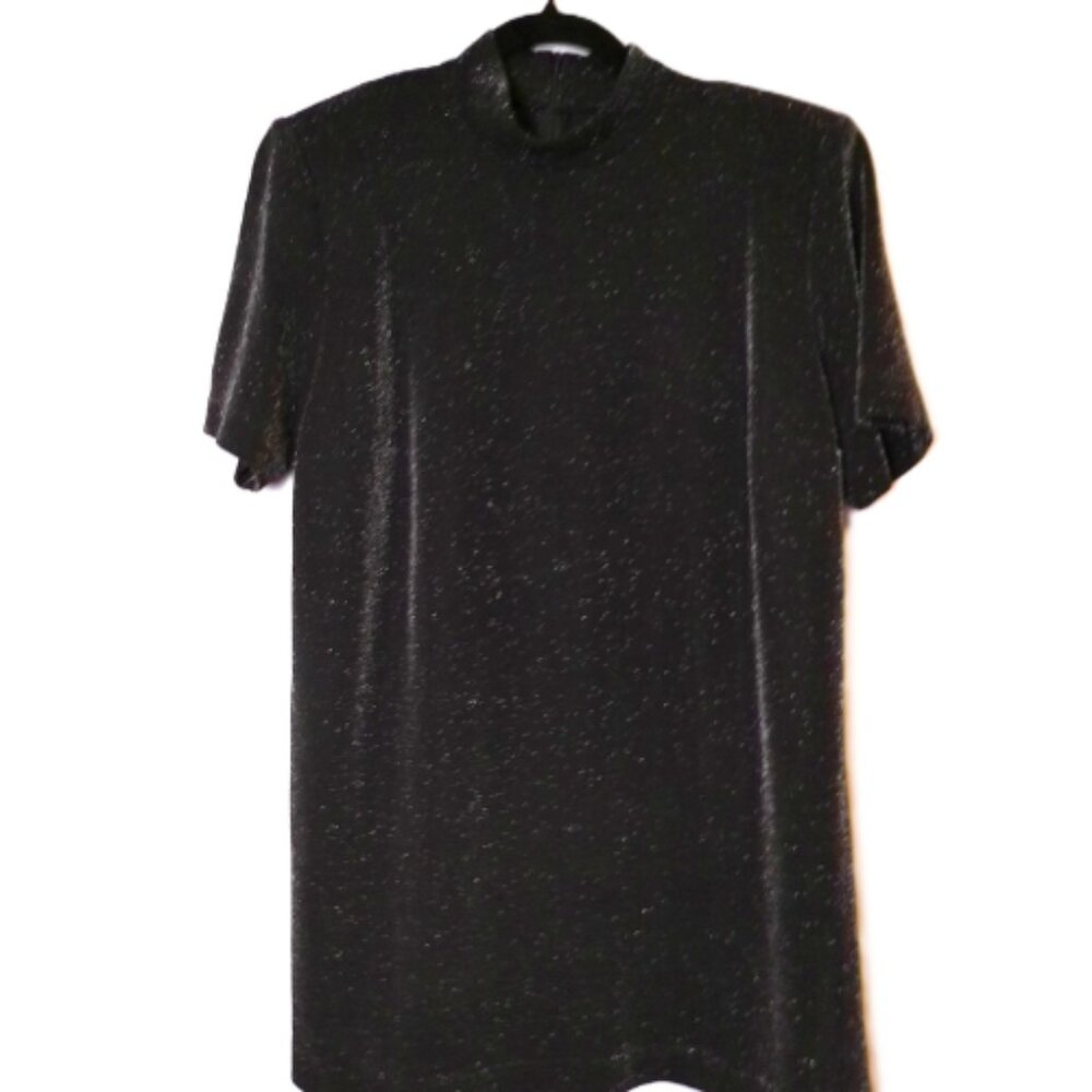 Vintage Mock Turtleneck Black Large metallic knit top short sleeve dressy classy